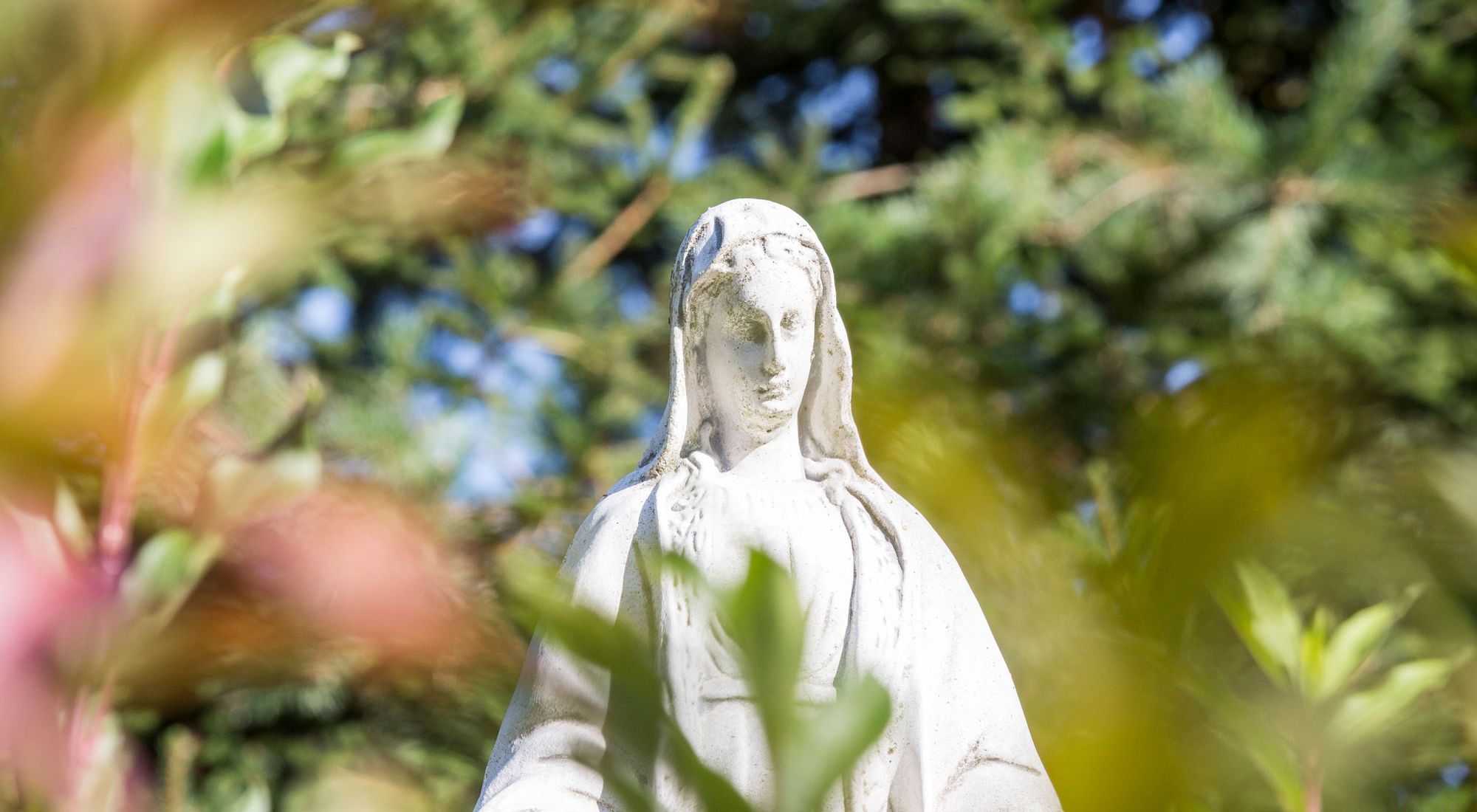 Weiße Marienstatue auf einem Thüringer Friedhof
